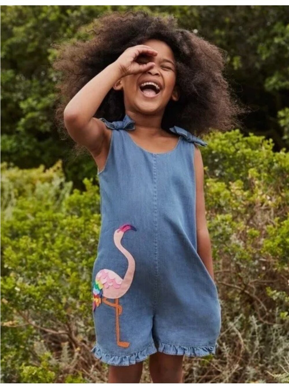 Mini Boden Bow Shoulder Appliqué Chambray Flamingo Romper Chambray Blue 5-6
